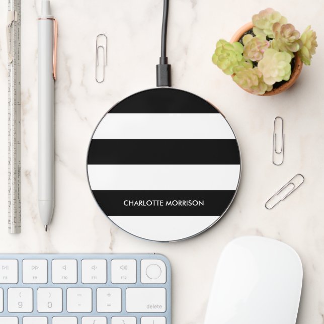 Elegant modern monogram black white stripes name wireless charger  (Desk)
