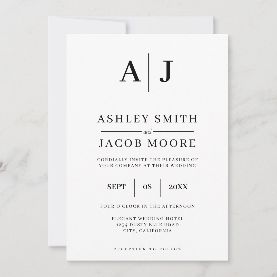 Elegant Modern Monogram Black White Wedding Invitation | Zazzle