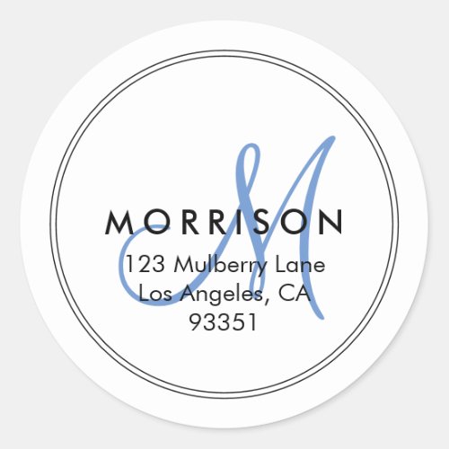 Elegant Modern Monogram Blue Return Address Classic Round Sticker