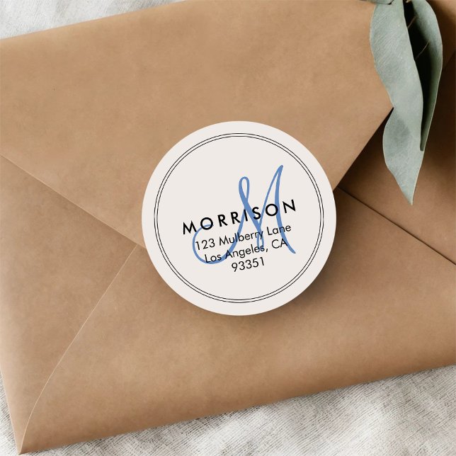 Elegant Modern Monogram Blue Return Address Classic Round Sticker (Creator Uploaded)