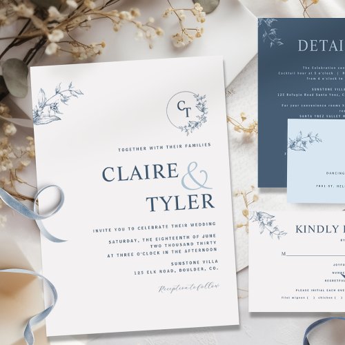 Elegant Modern Monogram Blue Wedding Invitation