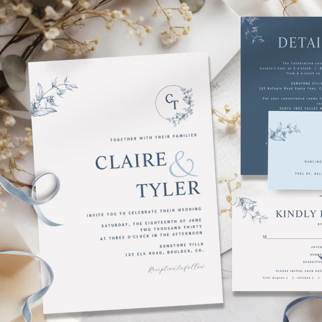 Elegant Modern Monogram Blue Wedding Invitation | Zazzle