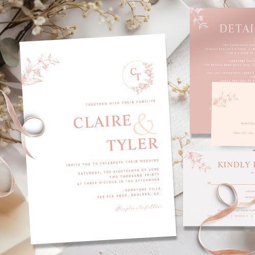 Elegant Modern Monogram Blush Pink Peach Wedding Invitation