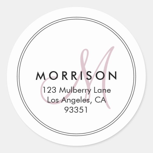 Elegant Modern Monogram Blush Pink Return Address Classic Round Sticker