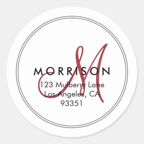 Elegant Modern Monogram Crimson Red Return Address Classic Round Sticker