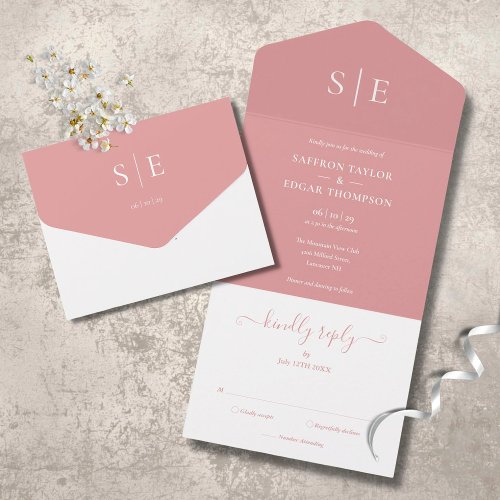 Elegant Modern Monogram Dusty Rose Wedding All In One Invitation