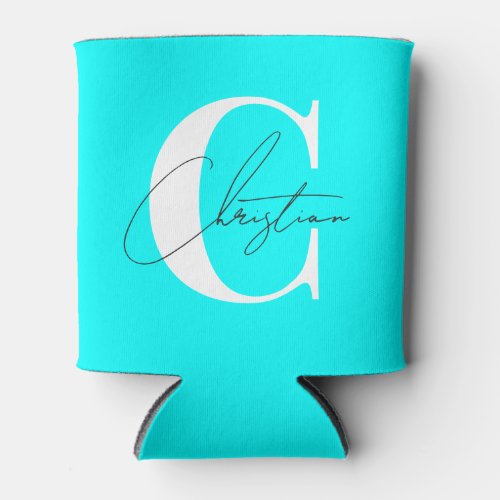 Elegant Modern Monogram Electric Retro Cyan Can Cooler