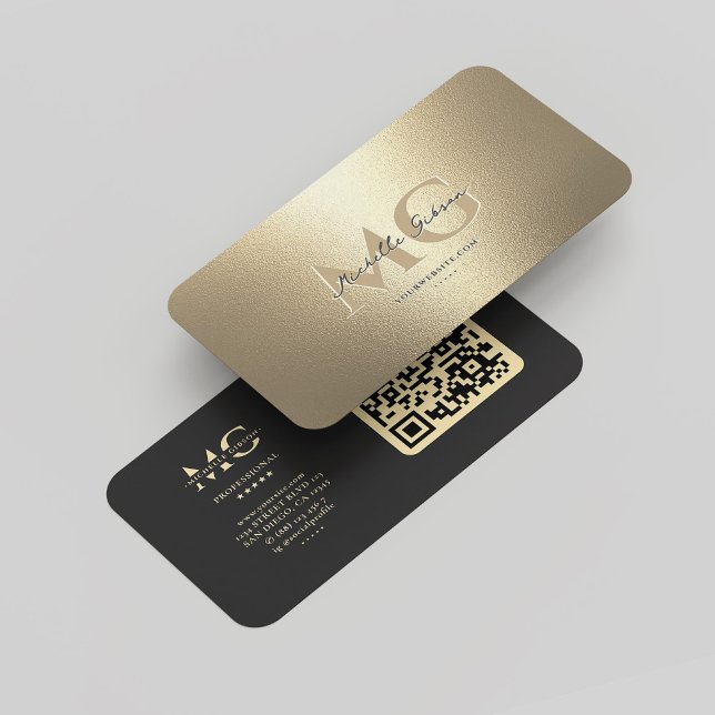 Elegant Modern Monogram Faux Gold Professional QR Business Card (Elegant Modern Monogram Black Gold Professional QR Business Card
)