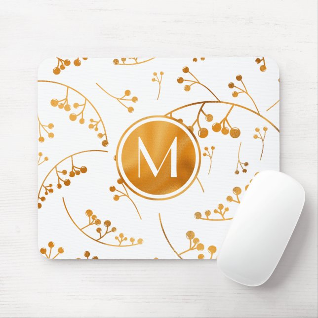 Elegant modern monogram gold berry pattern mouse pad (With Mouse)