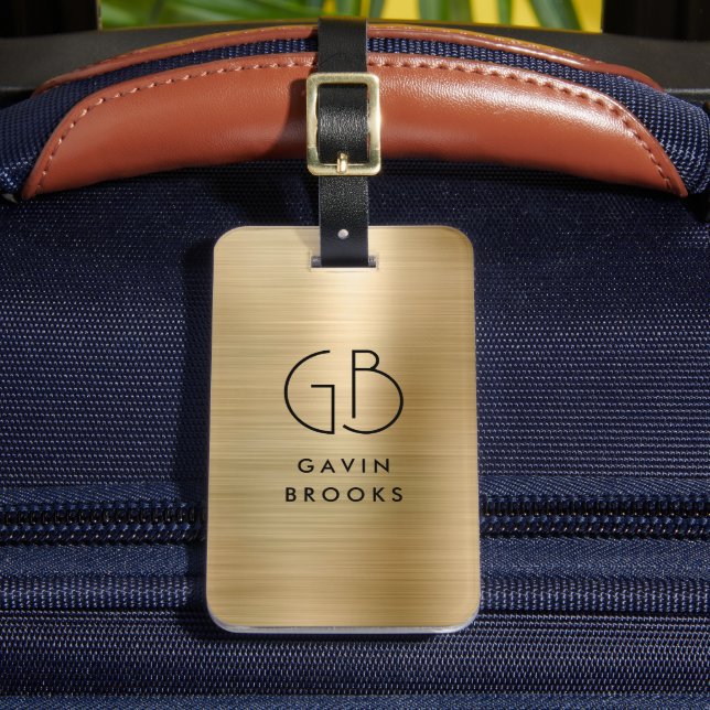 Elegant Modern Monogram Gold Brushed Glam Metallic Luggage Tag (Front Insitu 2)