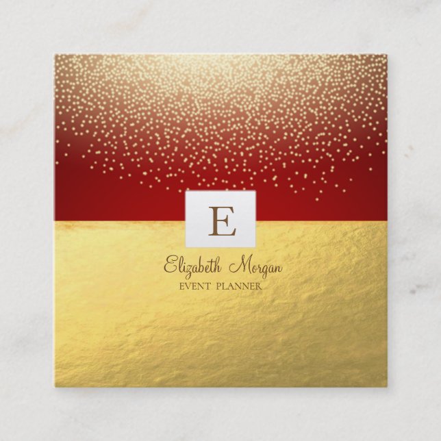 Elegant Modern Monogram Gold Confetti,Red Square Business Card (Front)