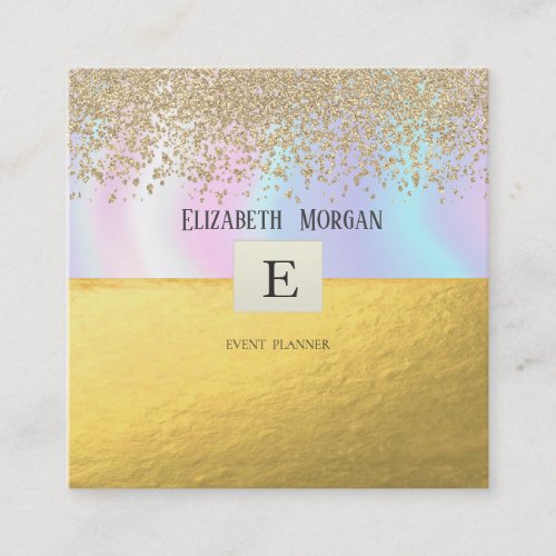 Elegant Modern Monogram Gold Diamonds Holographic Square Business Card
