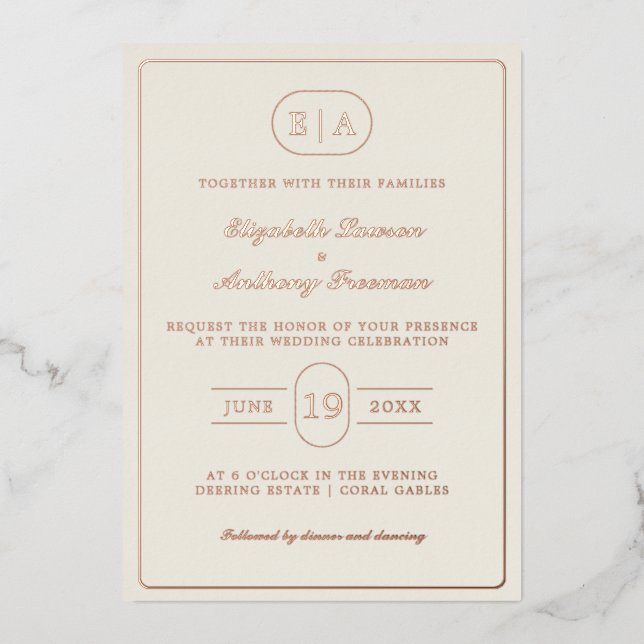 Elegant Modern Monogram Gold Foil Wedding  Foil Invitation (Front)