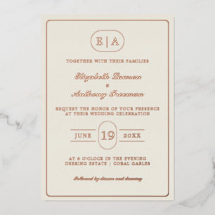 Elegant Modern Monogram Gold Foil Wedding  Invitation