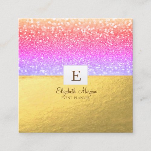 Elegant Modern Monogram Gold Glitter Violet Bokeh Square Business Card