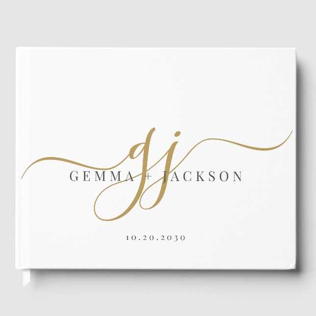 Elegant Modern Monogram Gold Initials Name Wedding Guest Book (Front)