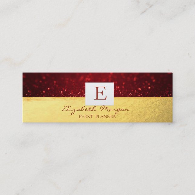 Elegant Modern  Monogram Gold,Red Glitter Bokeh Mini Business Card (Front)