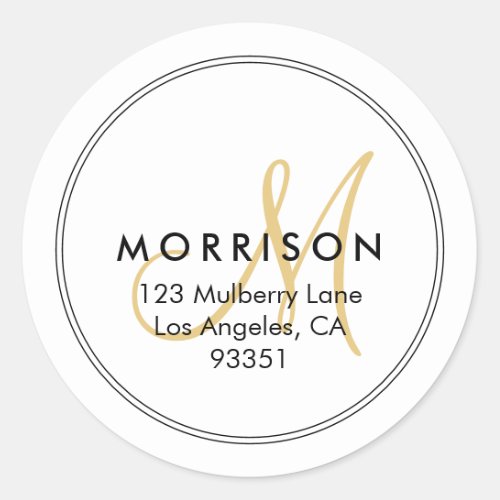 Elegant Modern Monogram Gold Return Address Classic Round Sticker