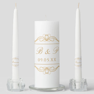 Elegant Modern Monogram Gold Swirl Script Wedding Unity Candle Set