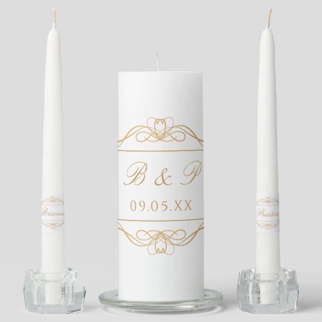 Elegant Modern Monogram Gold Swirl Script Wedding Unity Candle Set (Front)
