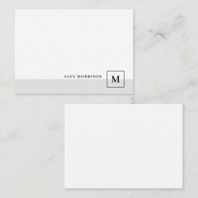 Elegant Modern Monogram Gray Border Initial Name Note Card (Front/Back)