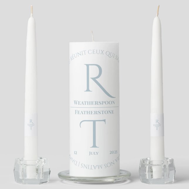 Elegant Modern Monogram Gray White Wedding Unity Candle Set (Front)