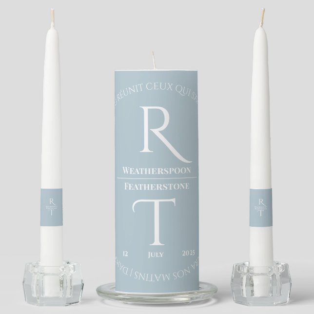 Elegant Modern Monogram Gray White Wedding Unity Candle Set (Front)