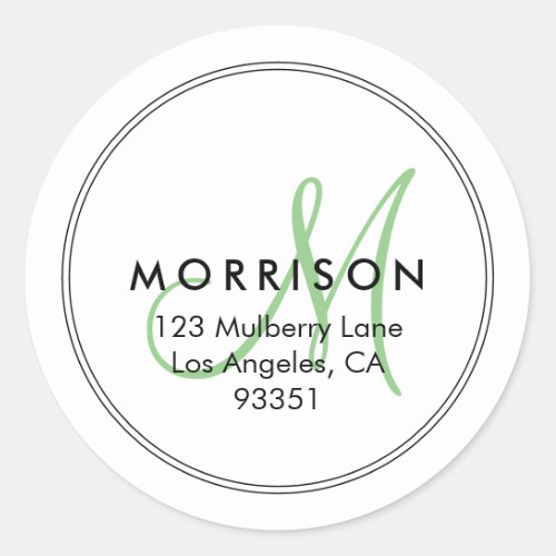 Elegant Modern Monogram Green Return Address Classic Round Sticker