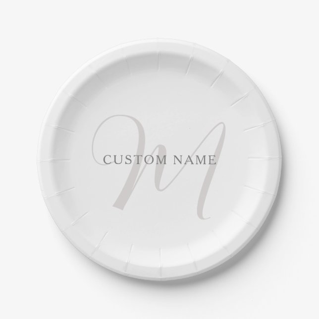 Elegant Modern Monogram | Grey & White (editable) Paper Plates (Front)