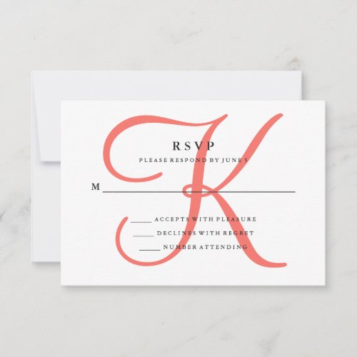 Elegant Modern Monogram in Coral  Wedding RSVP Card