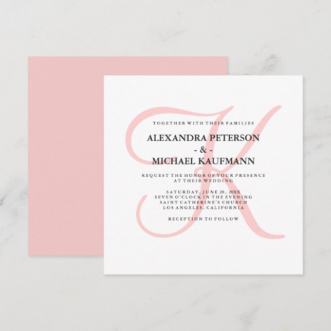 Elegant Modern Monogram in Pink Wedding Invitation (Front/Back)