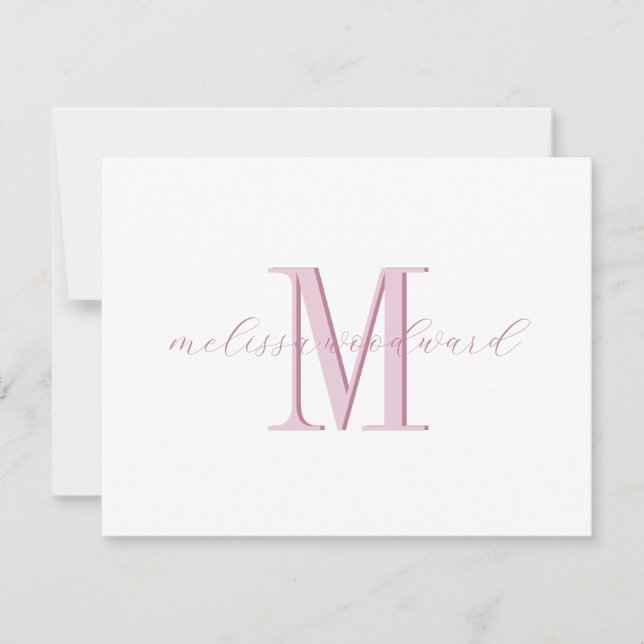 Elegant Modern Monogram Initial Script Name Pink Note Card (Front)
