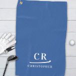 Elegant Modern Monogram Initials Name Blue White Golf Towel<br><div class="desc">Introducing our Royal Blue and White Minimalist Modern Monogram Golf Towel, the epitome of simplicity and sophistication. Embrace a modern aesthetic with this sleek design, featuring two initials and a first name separated by a simple, decorative slash. The typography stands out in elegant white against a striking royal blue background,...</div>