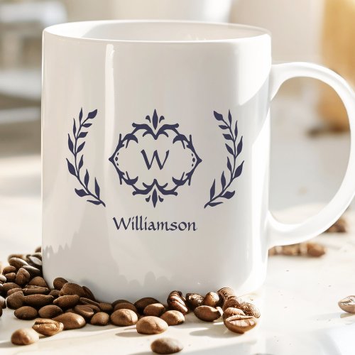 Elegant Modern Monogram Laurel Wreath Trendy Blue Coffee Mug