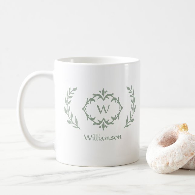 Elegant Modern Monogram Laurel Wreath Trendy Green Coffee Mug (With Donut)