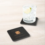 Elegant modern monogram name black gold  beverage coaster<br><div class="desc">Luxury elegant black leather look coaster with a gold glitter monogrammed square and personalized name signature.</div>
