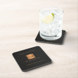 Elegant modern monogram name black gold  beverage coaster<br><div class="desc">Luxury elegant black leather look coaster with a gold glitter monogrammed square and personalized name signature.</div>