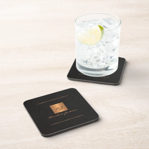 Elegant modern monogram name black gold  beverage coaster