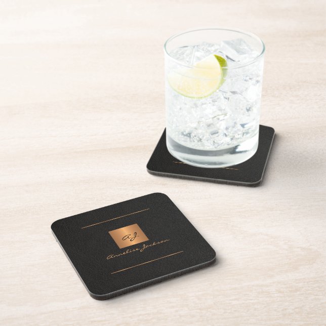 Elegant modern monogram name black gold  beverage coaster (Right Side)