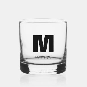 Elegant Modern Monogram Name Black Groomsmen Whiskey Glass