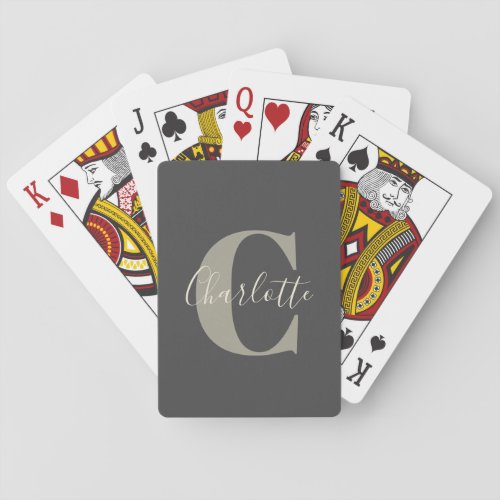 Elegant Modern Monogram Name in Black Gray Poker Cards