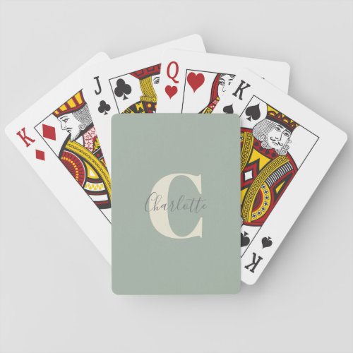 Elegant Modern Monogram Name in Sage Green Playing Cards