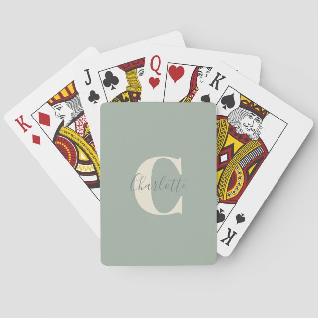 Elegant Modern Monogram Name in Sage Green Poker Cards (Back)
