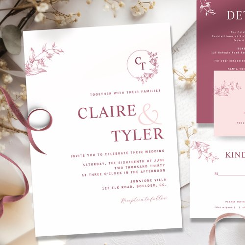 Elegant Modern Monogram Pink Burgundy Wedding Invitation