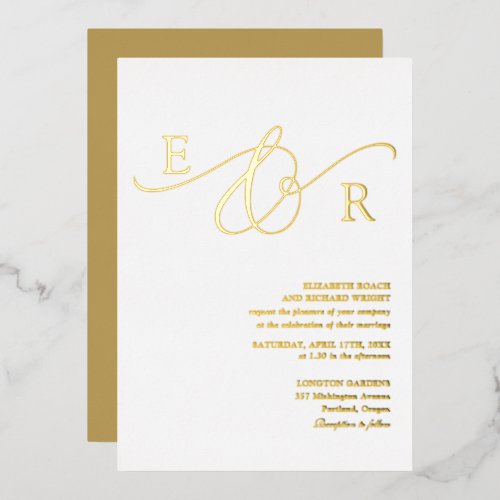 Elegant Modern Monogram QR Code Wedding Gold Foil Invitation