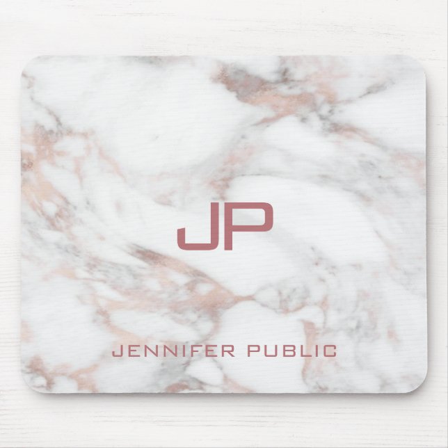 Elegant Modern Monogram Rose Gold White Marble Mouse Pad (Front)