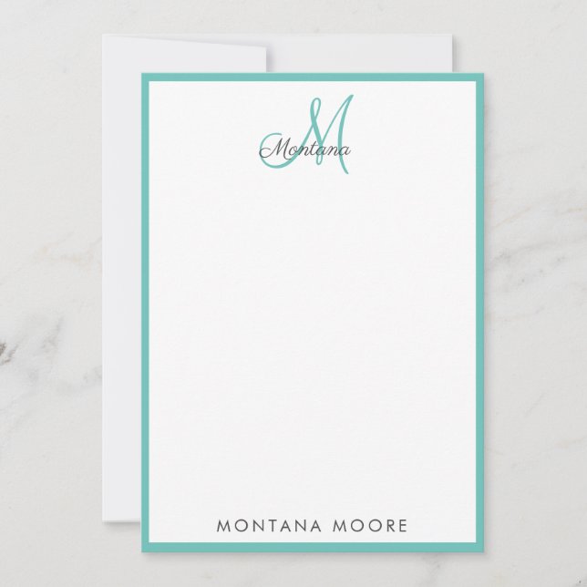 Elegant Modern Monogram Simple Girly Teal Note  (Front)