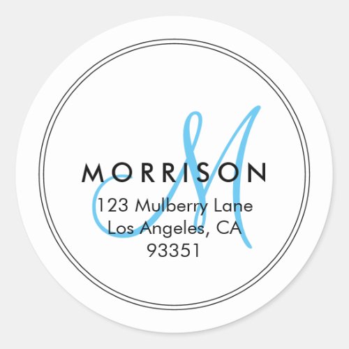 Elegant Modern Monogram Sky Blue Return Address Classic Round Sticker