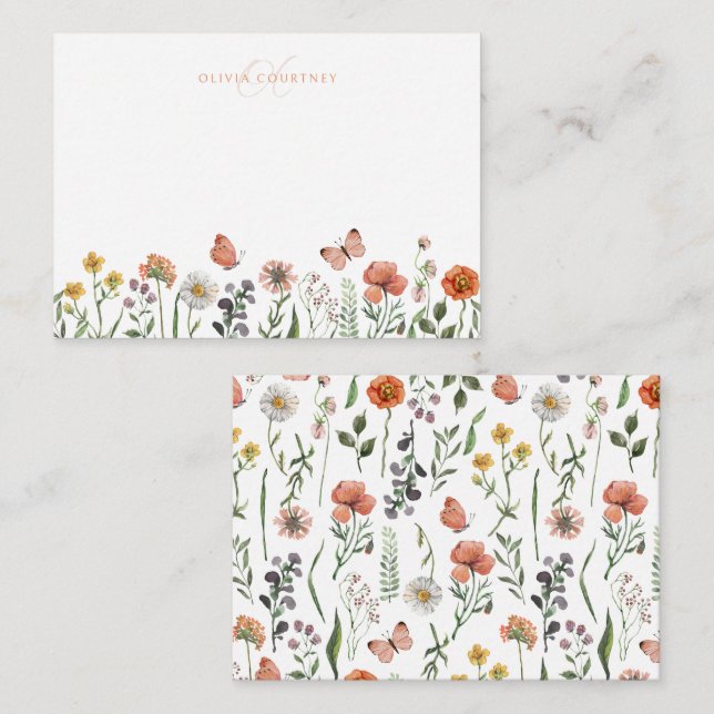 Elegant Modern Monogram Watercolor Wildflower  Note Card (Front/Back)