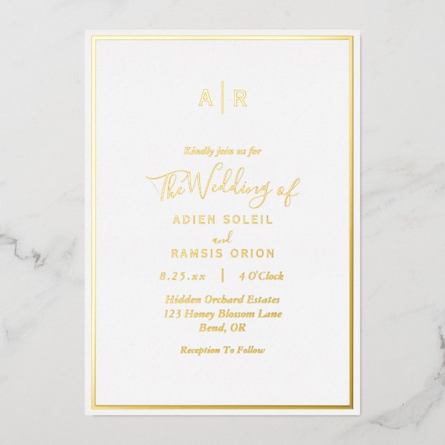Elegant Modern Monogram Wedding Gold Foil Invitation (Front)